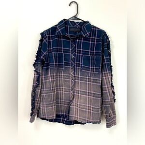 Kendall+Kylie Gradient Button Up Flannel Top with Ruffle Sleeves